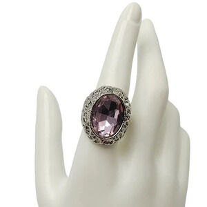 Purple Glass Rhinestone Silver Tone Filigree Swirl Dome Ring Size 8 Vintage